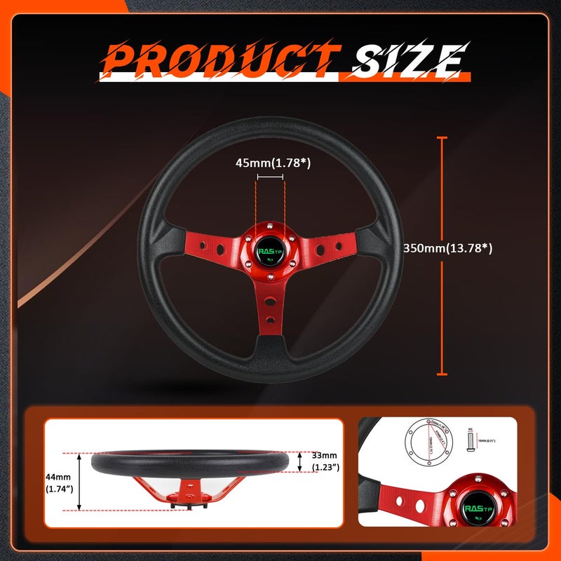 RASTP Universal Racing Steering Wheel,Drifting Deep Dish Steering Wheel 13.8â€/350mm 6 Bolts Grip Vinyl Leather & Aluminum with Horn Button for Car -Red - Image 5